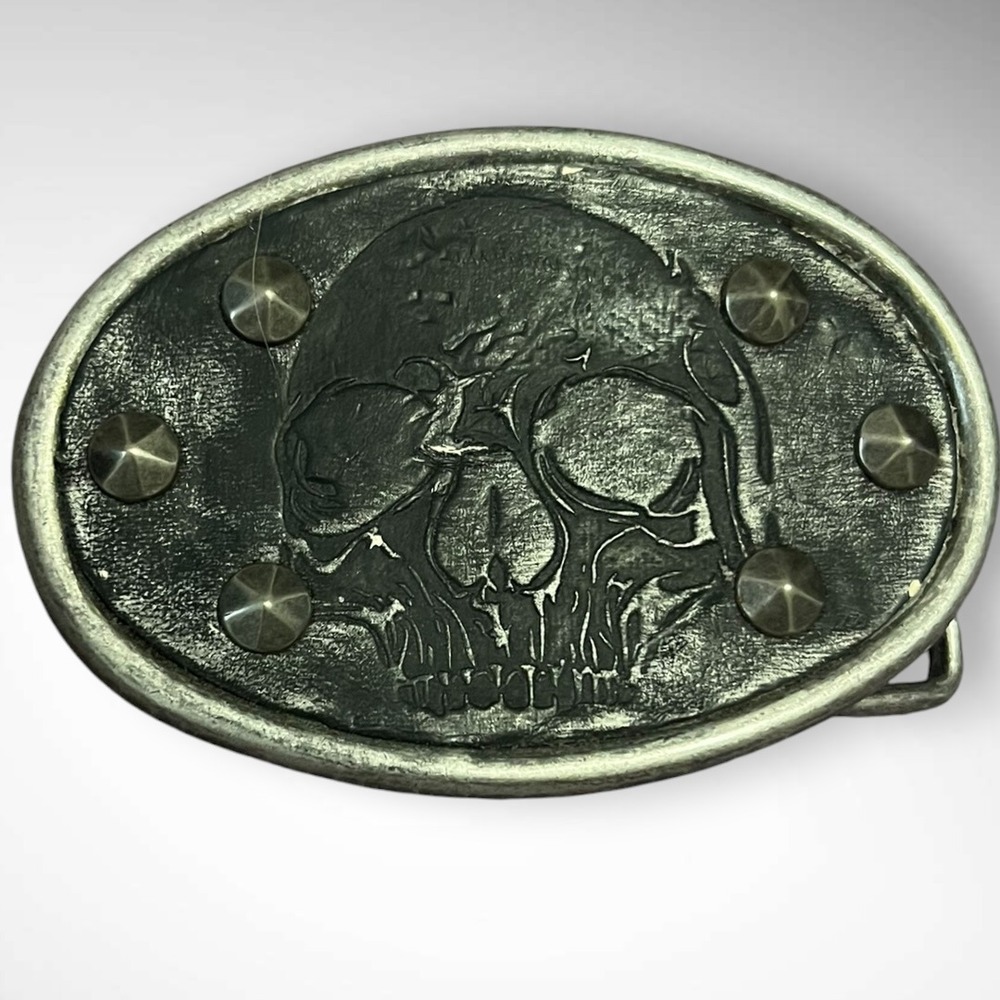 VINTAGE‎ RARE Unisex Studded Leather Skull Metal Belt Buckle | EUC